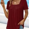 Women Square Neck Short Sleeve Blouse With Pleated Front And Curved Hem Casual Multi Color Summer Top