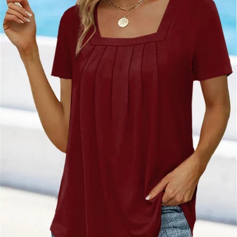Women Square Neck Short Sleeve Blouse With Pleated Front And Curved Hem Casual Multi Color Summer Top