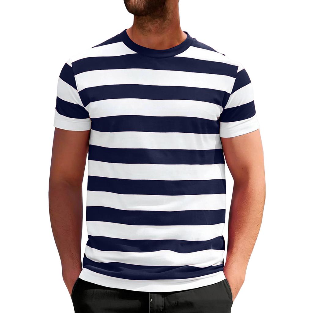 Men Crew Neck Short Sleeve Striped T Shirt Casual Fit Soft Fabric Lightweight Breathable Classic Style Top