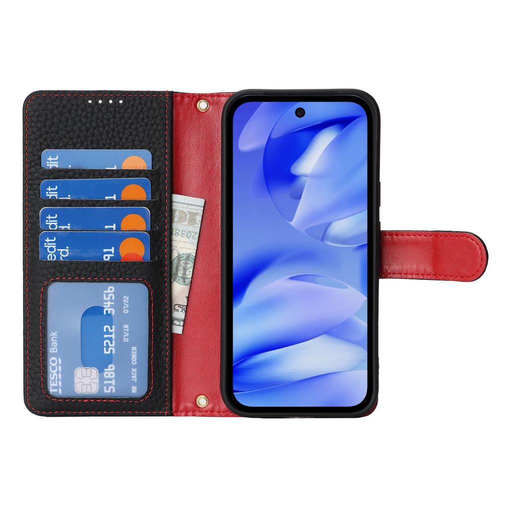 For Google Pixel 9a Stand Case Litchi Texture Genuine Cow Leather Wallet Phone Cover RFID Blocking