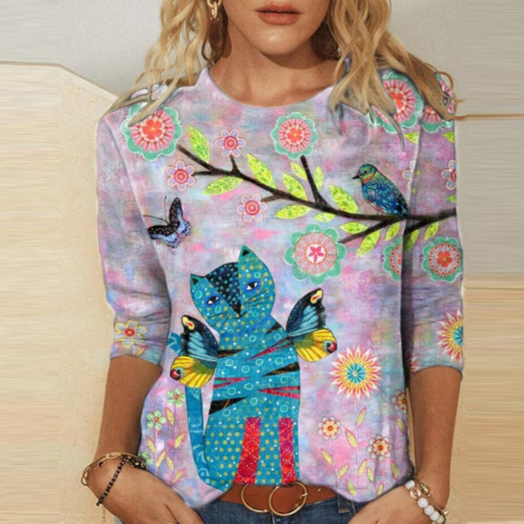 Women's  Casual Fashion Round Neck Print Long Sleeve Pullover T-shirt Tops