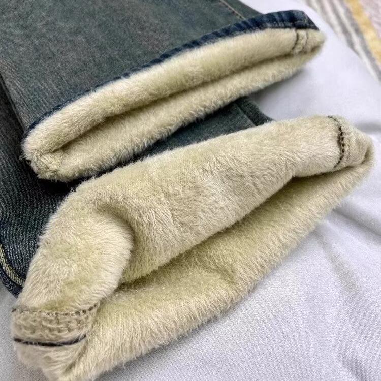Calças de Jeans Micro-Flare Femininas Retro de Alta Qualidade Plus-Size de Inverno - Calças Não Justas, Comprimento Chão