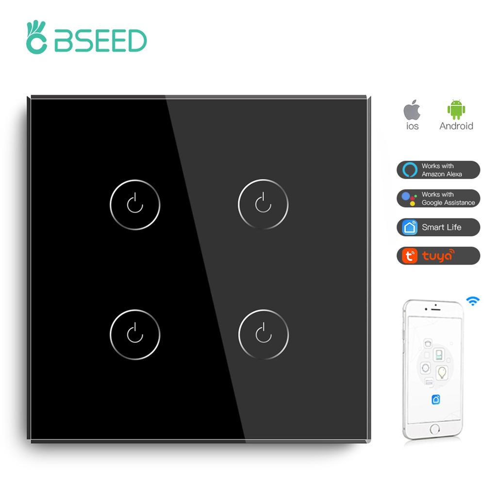 BSEED Wifi 1/2/3 Gang 1 Way Smart Switch LED Buttons Glass Panel Smart Switch Work With Tuya Google Home EU Touch Switch 600W