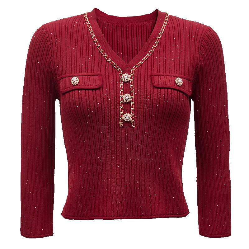 

VEROMODA 2025 Spring V-Neck Knit Top with Chain & Sequins M