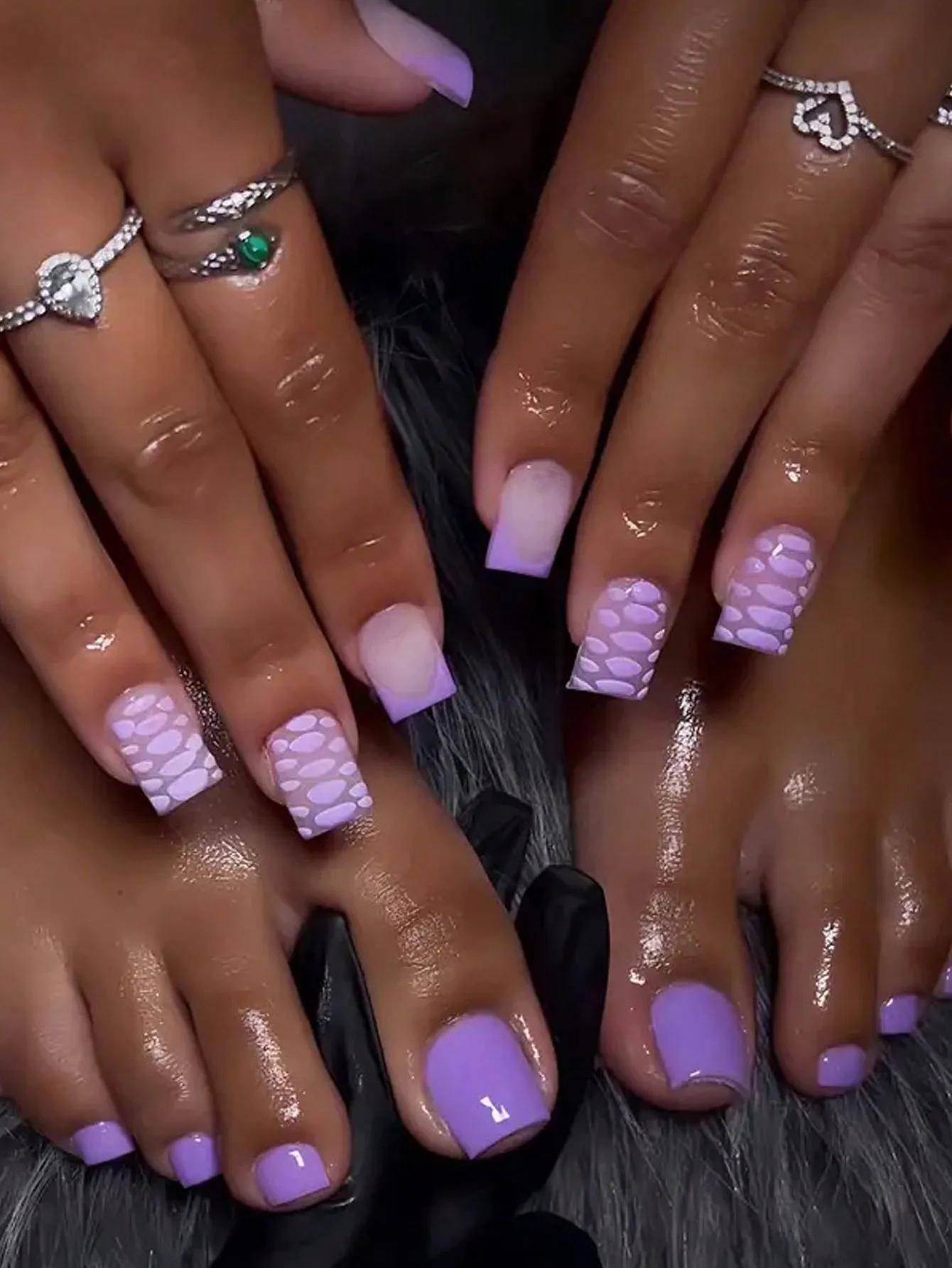 

48Pcs Purple French Press On Nails, Matching Hand & Toe Fake Nails with Croc Print United States