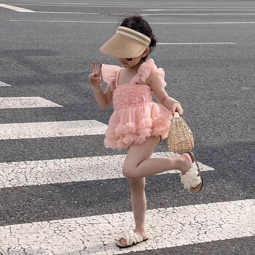 Girls' Pink Backless Mesh Skirt Swimsuit - 2025 Summer Collection