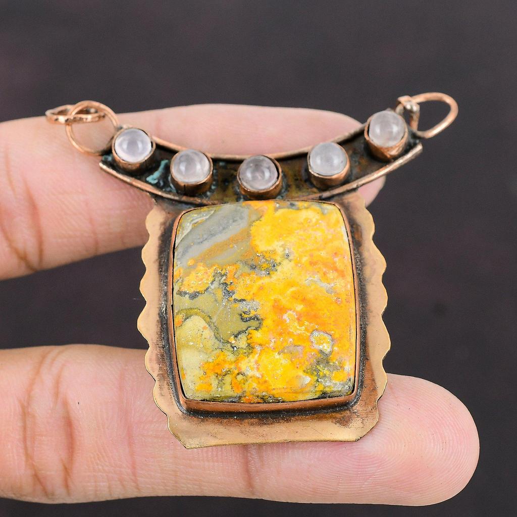Bumble Bee Jasper Pandantiv Rose Quartz Pandantiv Cupru Bijuterii oxidate Pandantiv cu pietre prețioase Pandantiv lucrat manual Cadou de nuntă Bijuterii de cupru
