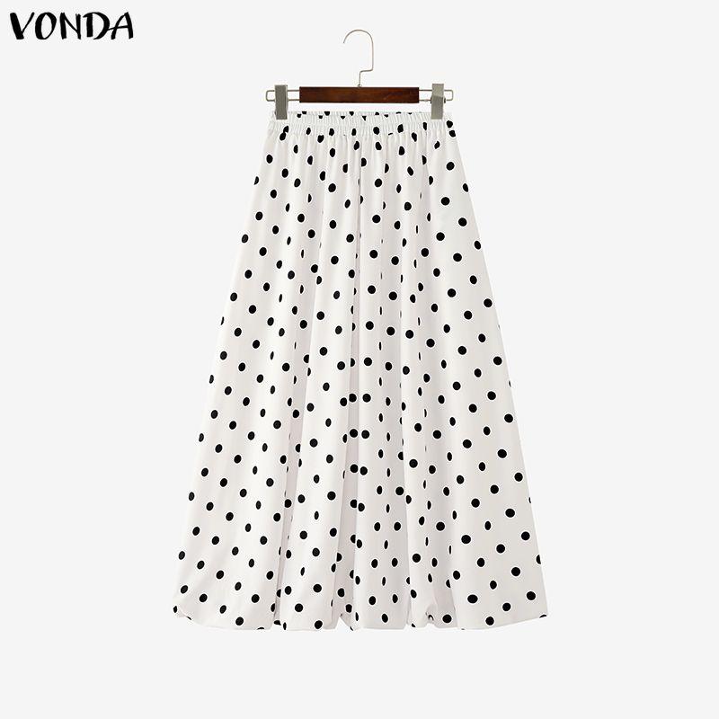 

VONDA Vintage Women Polka Dots Print Loose Casual Long Swing Skirts Pleated Dress 5XL