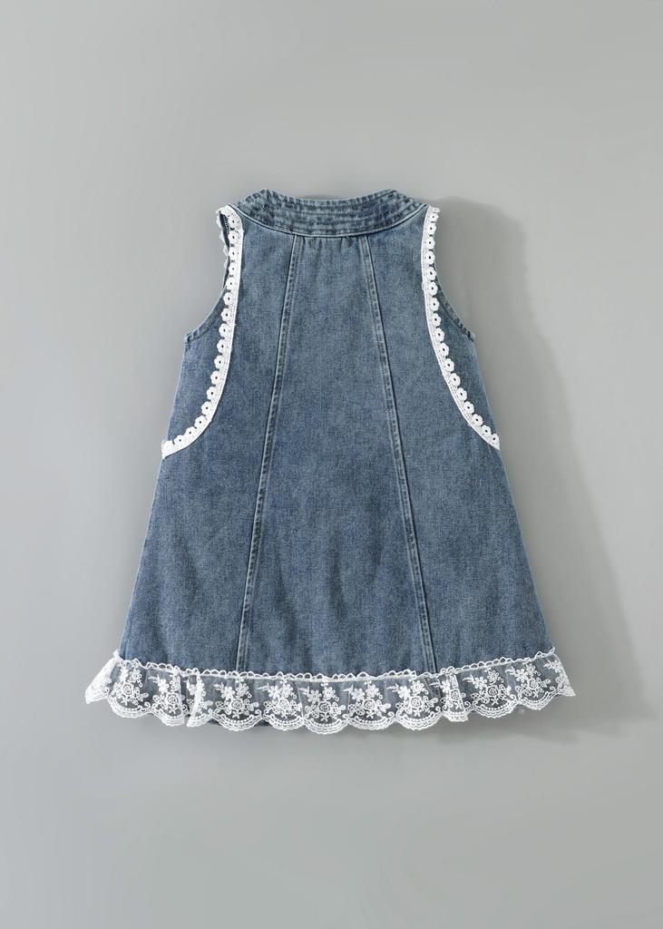 Girls Sleeveless Denim Dress with Lace Trim, Button Detail Casual Summer Outfit