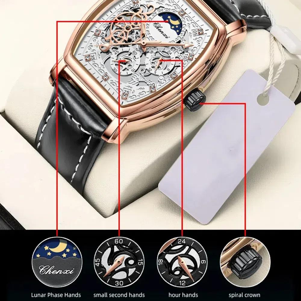 Chenxi Retro Hollow Skeleton Mens Automatic Mechanical Watch Waterproof Moon Phase Tourbillon Watches Luxury Tonneau Business Wristwatch