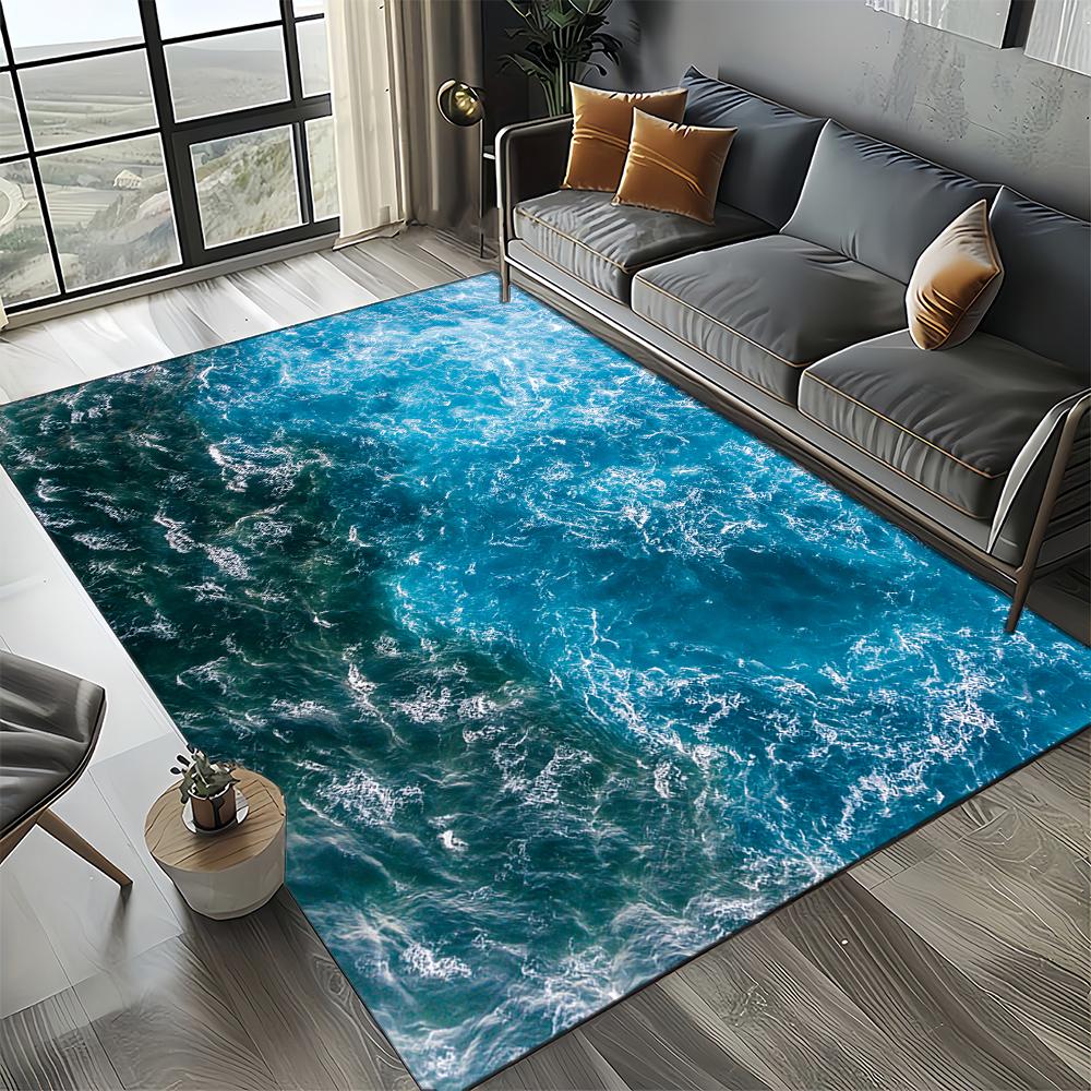 2025 New Style Blue Green Seawater Sea Wave Scenery Carpet Rug for Living Room Bedroom Home Sofa Decoration,Non-slip Floor Mat