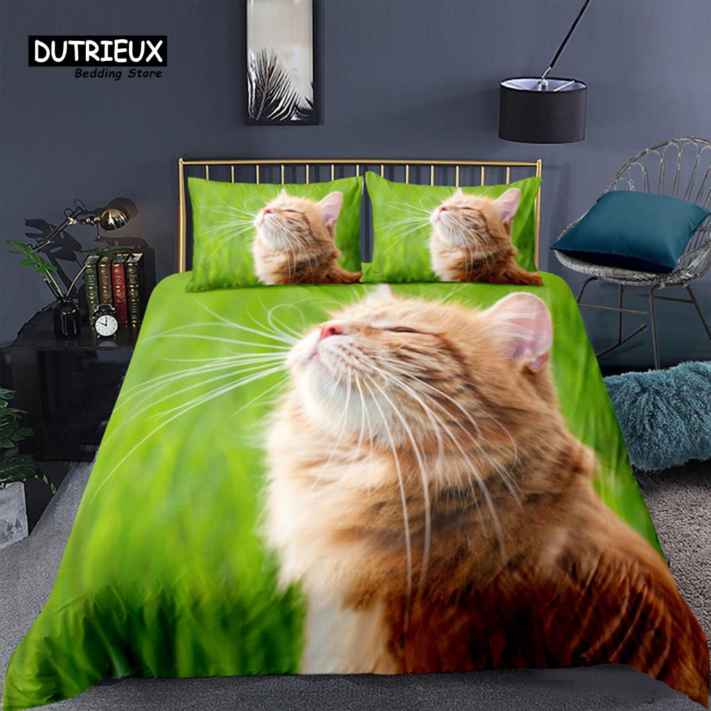 Colorful Cat Bedding Set For Kids Girls Boys 2/3pcs Cute Cat Duvet Cover Set King Microfiber Animal Comforter Cover Pillowcases