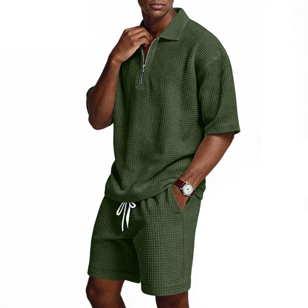 Men's Summer -color Quarter-zip Casual Loose Short-sleeved Short Pants Set
