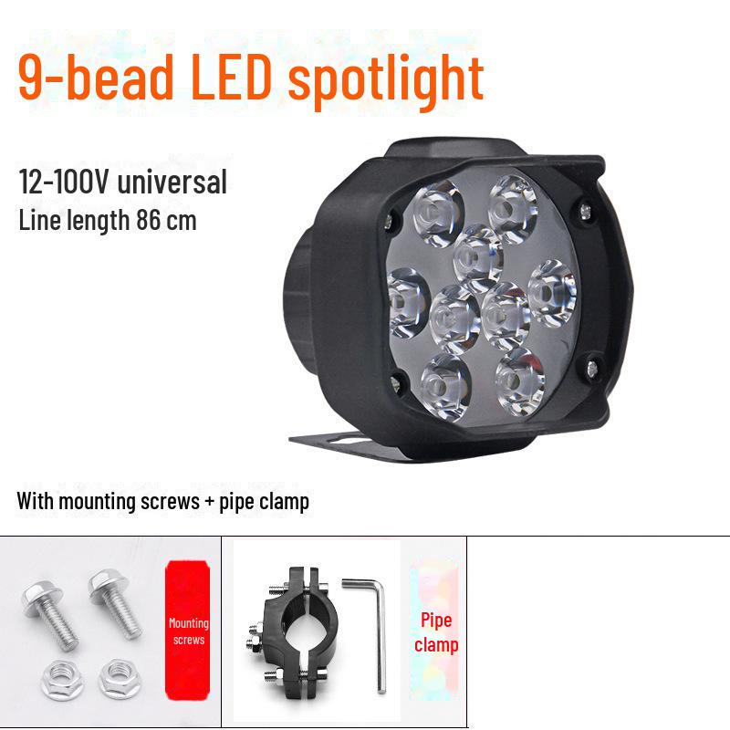 

Суперяркая светодиодная фара для электровелосипеда, мотоцикла и трехколесного велосипеда - внешний прожектор высокой интенсивности 9-bead spotlight + screw + pipe clamp