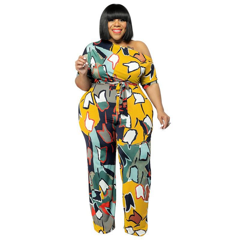 MY902 Plus Size Womens Off-Shoulder Printed Jumpsuit With Belt 2025 Knit Romper In Orange Beige Lavender Yellow Blue 1XL5XL