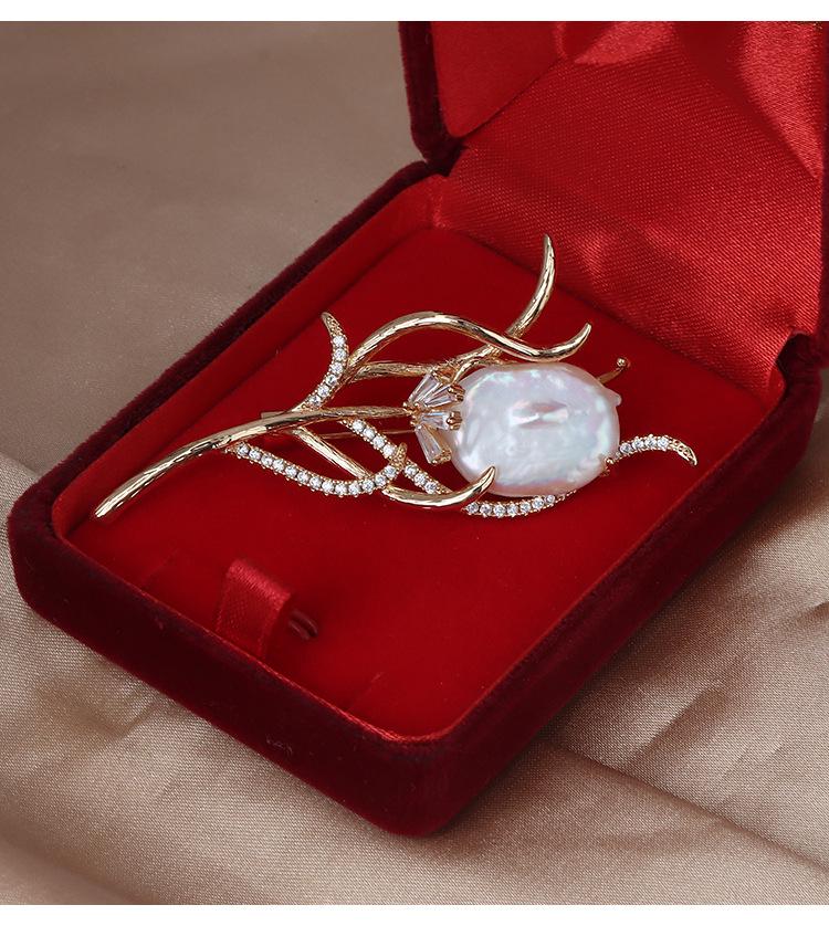 Vintage Floral Baroque Freshwater Pearl Brooch with Gold-Plated Copper and Zircon Accents