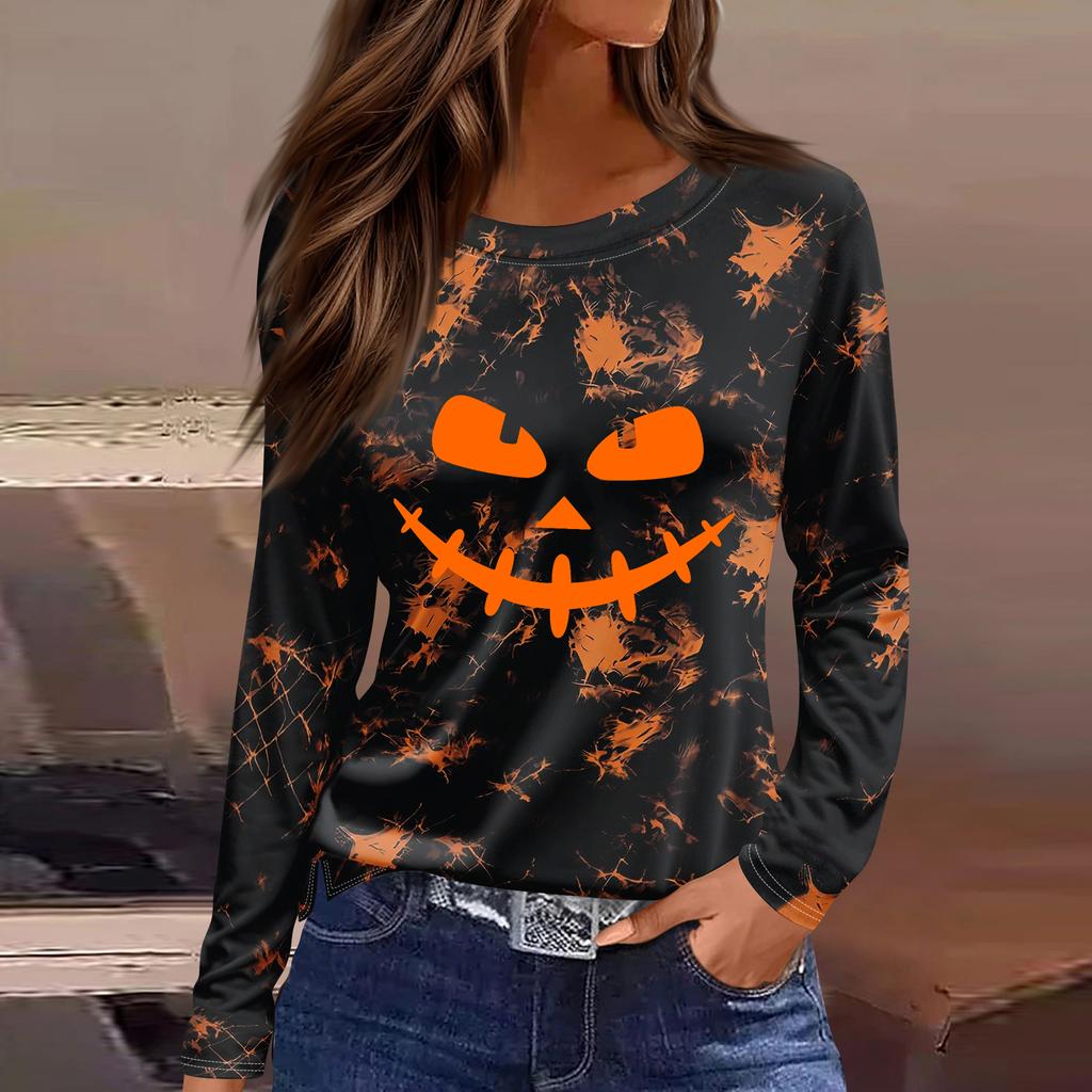 Women's Long Sleeve Halloween Print Top with Round Neck and Side Slit Hem