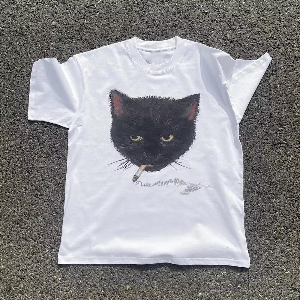 Y2k Wrinkled Cat Graphic Print Punk 90s Grunge Retro Hip Hop Style White Top Tshirt Emo Aesthetic Clothes Harajuku Y2K Top