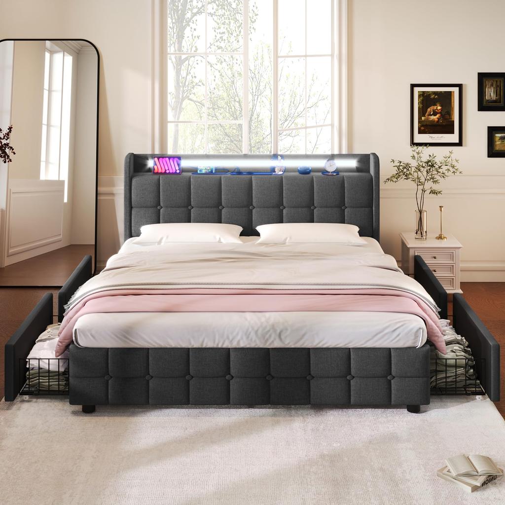 Polsterbett 90x200 cm LED-Beleuchtung, USB-Lade, Einzelbett Bettgestell, Lattenrost, Stauraum, 2 Schubladen, Leinen, Beige