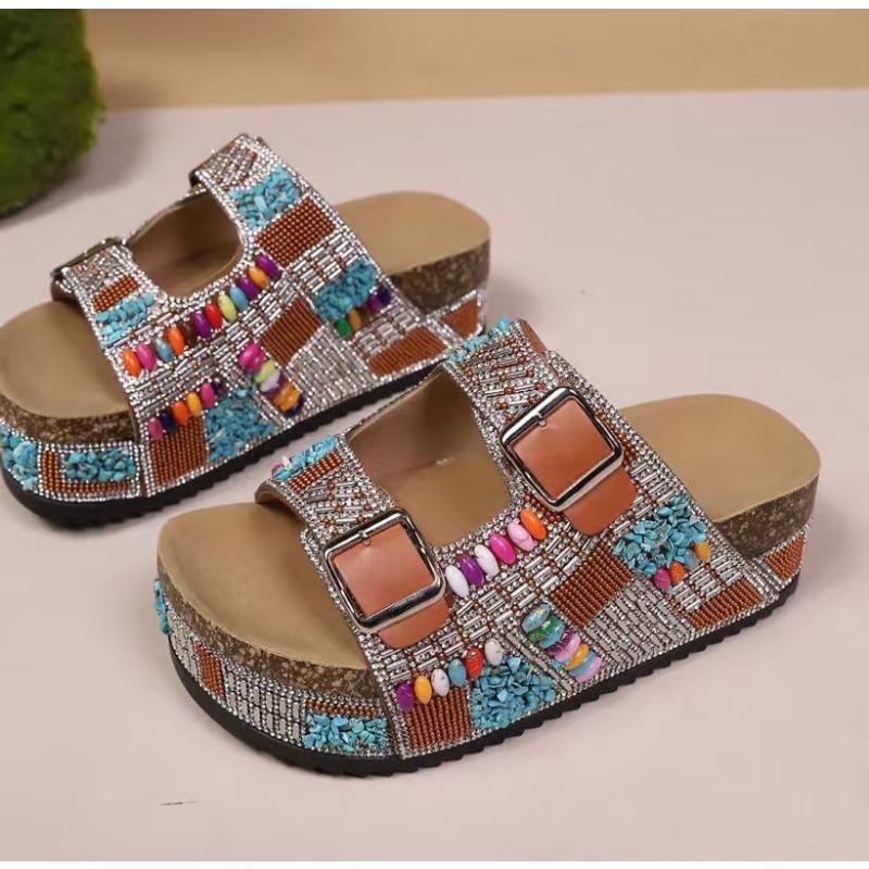 Damen S Kork-Slipper mit Strasssteinen, dicke Sohle, für den Außenbereich