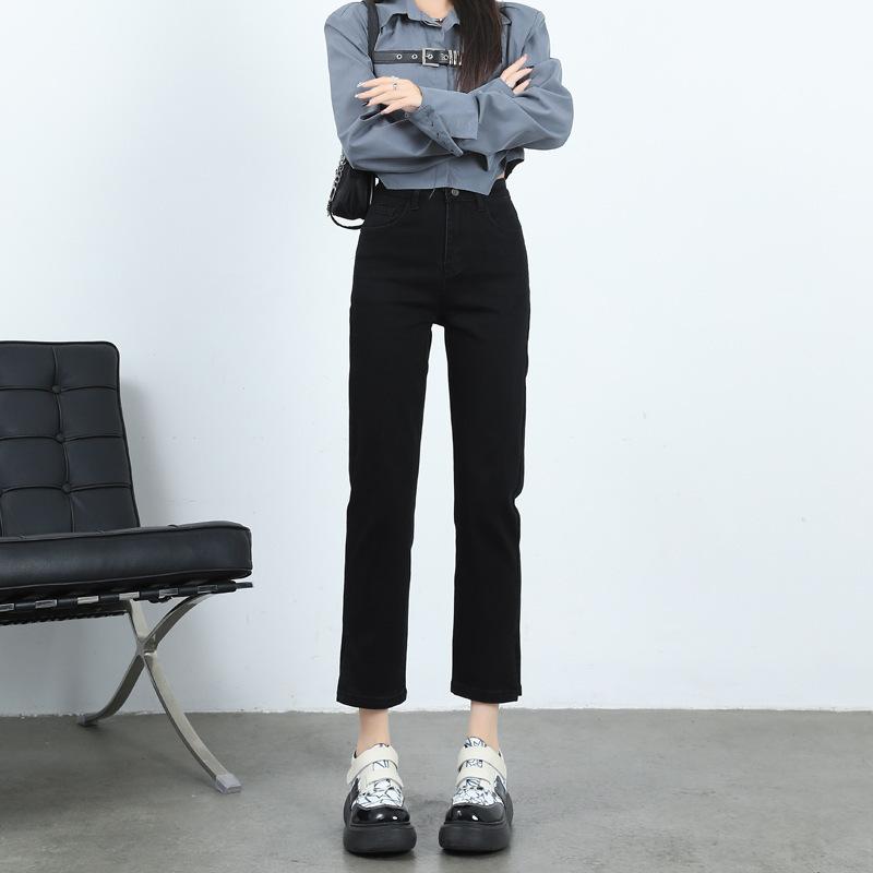 Slit Straight Jeans for Women, High Waist Straight Trousers for Women, Slim Hair, Nine-point Pants, Cigarette Pants for Women, Autumn
