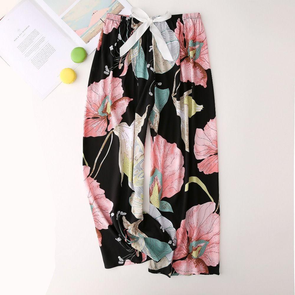 Zomerse katoenen zijden pyjamabroek voor dames, bloemennachtkleding, wijde pijpen, oversized losse bloemenlange broek One size gray