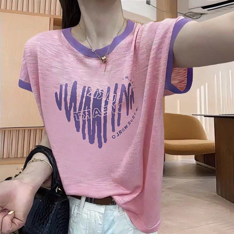 

Летняя повседневная футболка из хлопка с фактурой слэб, тонкая, с круглым вырезом и короткими рукавами Pink M [Suggested 40.00 kg-50.00 kg]]