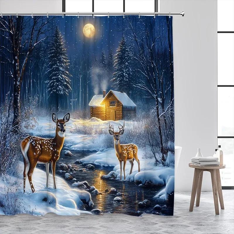 Zimowy Łoś Zasłona Prysznicowa Farmhouse Noc Śnieg Las Krajobraz Boże Narodzenie Dekoracja Łazienki Zasłona Prysznicowa z Haczykiem