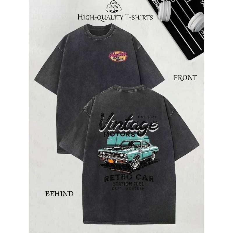 

Street Trendy Men s Clothing, Retro Car Pattern Printed Men s Fashion T-shirts, High-quality Heavy Washed T-shirts, Round Neck Loose Large Size S чёрный
