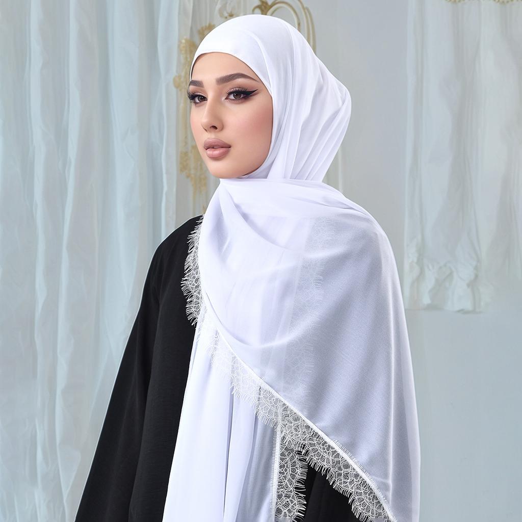 Premium Lace Chiffon Hijab Scarf For Women Muslim Hijab Shawl Plain Elegant Headband Scarves Headscarf African Turban Ramadan