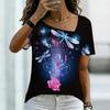 Women Square Neck Short Sleeve Top Vibrant Rainbow Oil Painting Butterfly Print Blouse