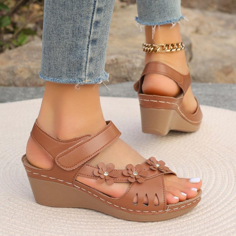 Large Size Slope Heel Sandals Women Hollow Out Flowers Thick Bottom One Sandals Women's