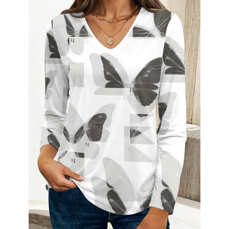 Fashion Women's V-Neck Long Sleeve 3D Casual Color Printing Casual Long Sleeve V-Neck T-Shirt