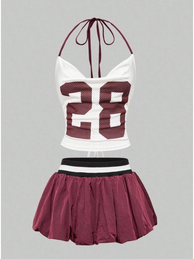 American Sporty Casual Two-Piece Set: Rhinestone Halter Top & Striped Lace-Up Shorts