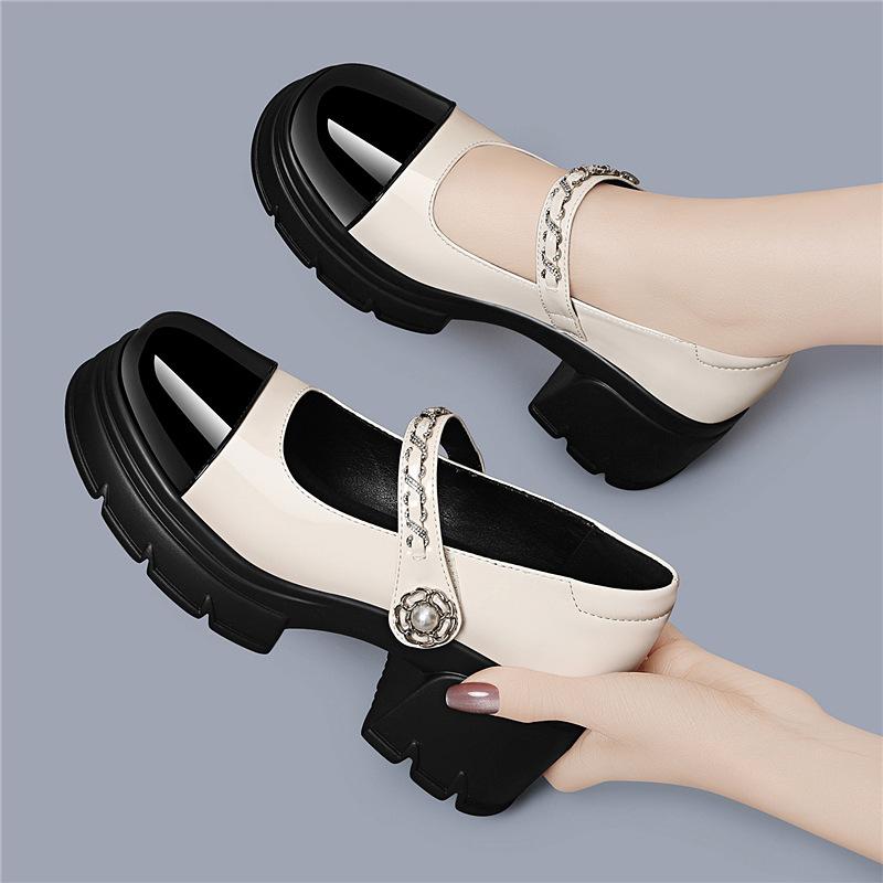 Coarse Heel Hot Diamond with Women's Single Shoes, Spring New Thick-soled French Small Fragrance