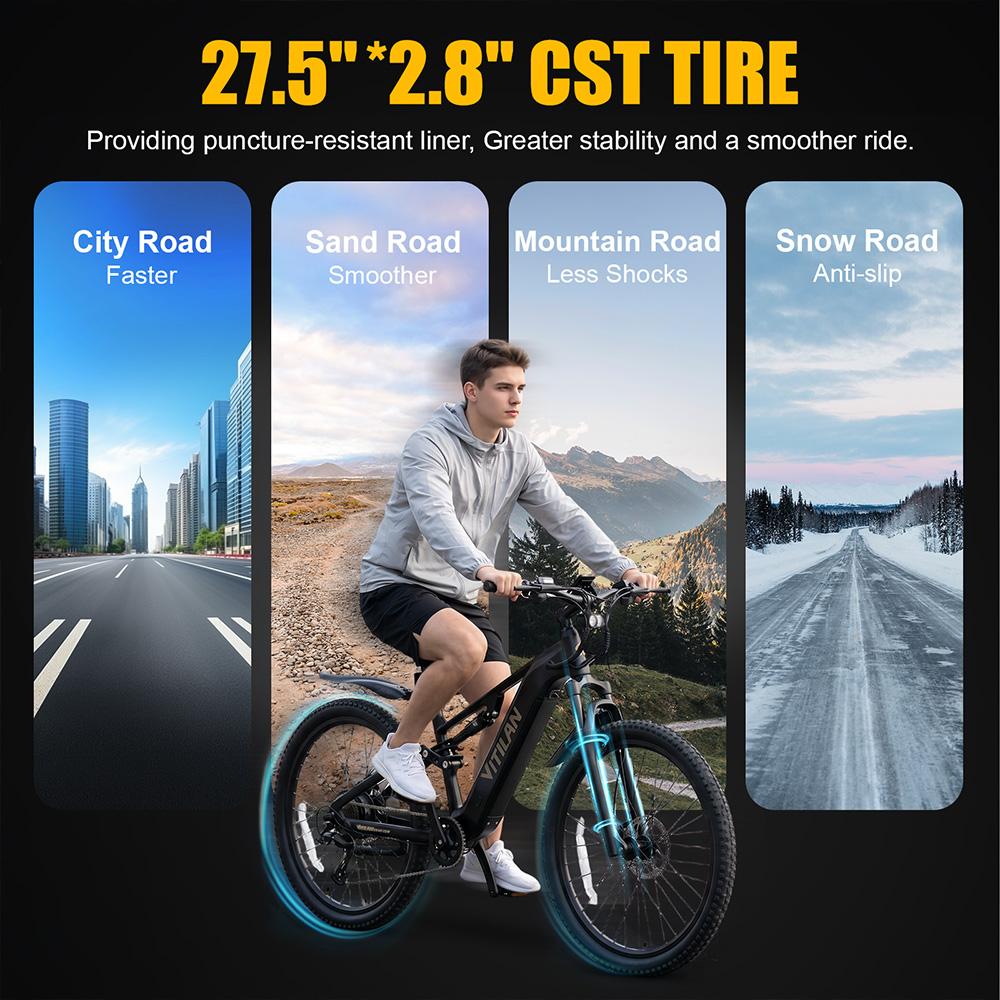 Electric Bicycle All Terrain Vitilan M5 27.5" Tire 500W Motor Fully Suspended Adult Electric Bike 48V 15Ah Dual Hydraulic Brakes Max Load 150Kg