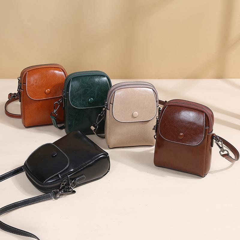 Leather Small Bag for Spring and Summer, Trendy Oil Wax Cowhide Phone Bag, Retro Crossbody Bag, Single Shoulder