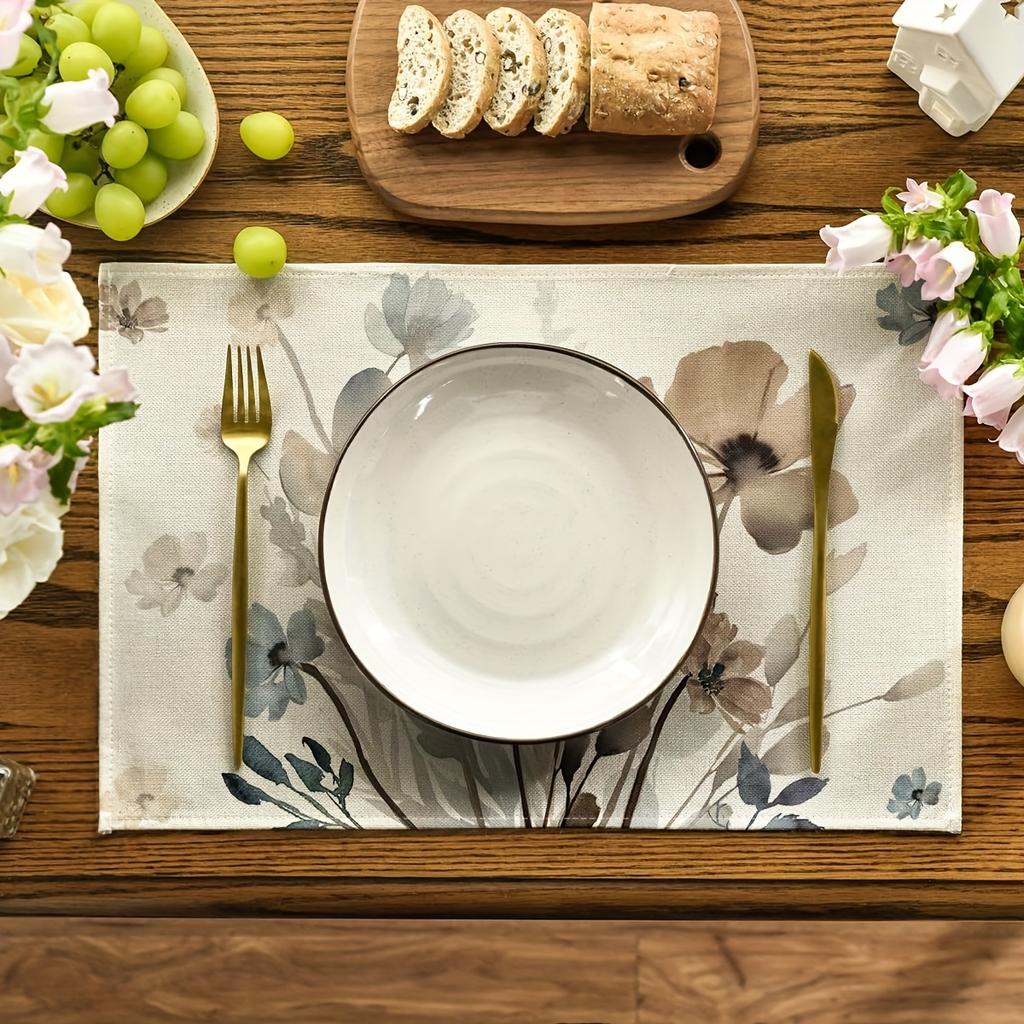 [Floral Placemat Set] 4pcs Brown Poppy Floral Leaves Fall Placemats Set of 4,12x18 Inch Seasonal Spring Table Mats for Party Kitchen Dining Decoration