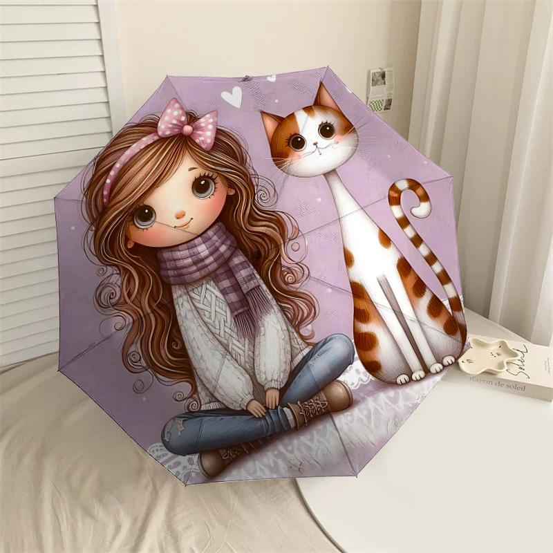 

1pc girl cat Automatic Open/Close Umbrella Compact Folding Umbrella with 8-Rib Shaft for Women/Men, Elegant Birthday1280S