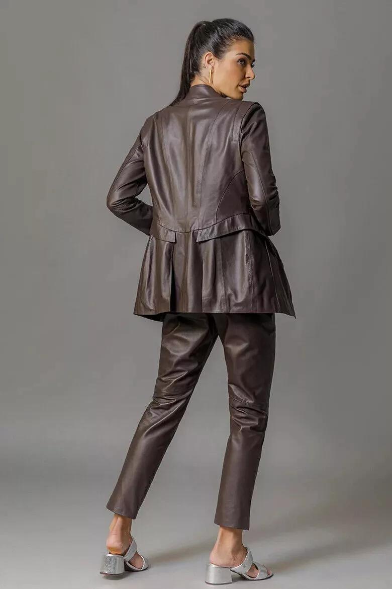 

Натуральна шкіра ягняти Коричневий Стильний Піджак З Ґудзиками Жіночий Ручної Роботи M коричневий