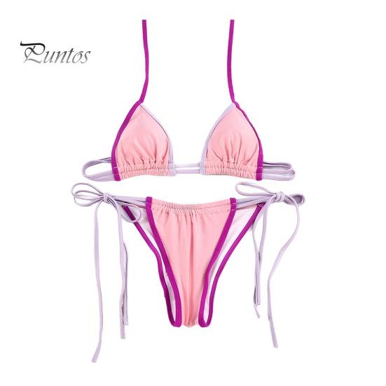 

2 шт./комплект женский купальник комплект халтер косточки без подкладки бюстгальтер со сборками высокая талия бикини трусики комплект пэчворк цвет пляжная одежда M розовый