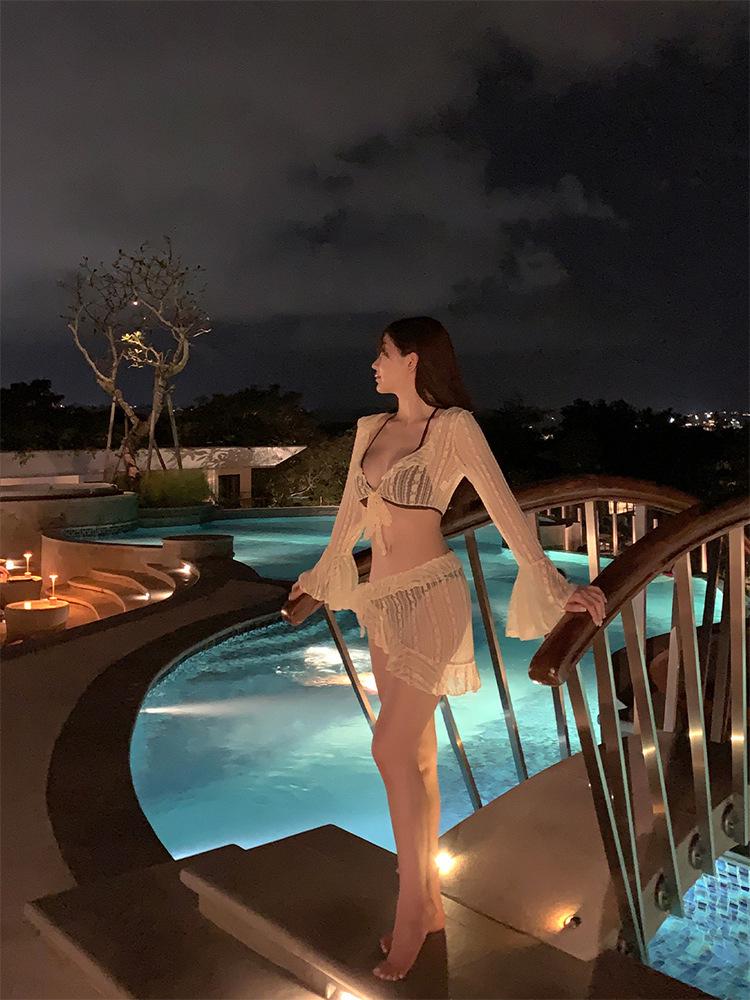 Women's 2025 Four-Piece Lace Long Sleeve Bikini Set for Beach & Hot Springs