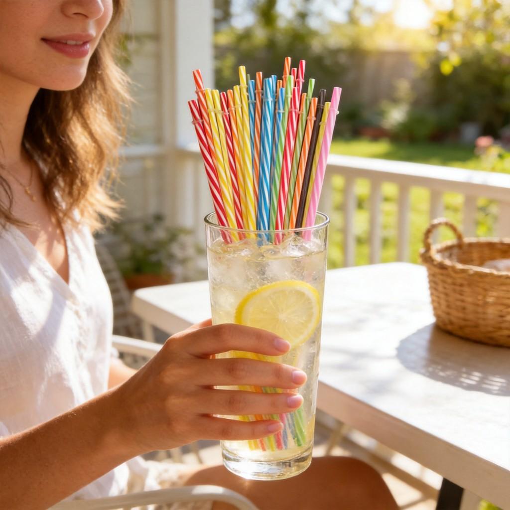 Food Grade Pp Striped Drinking Straws With Ring For Party Catering And Beverage Service