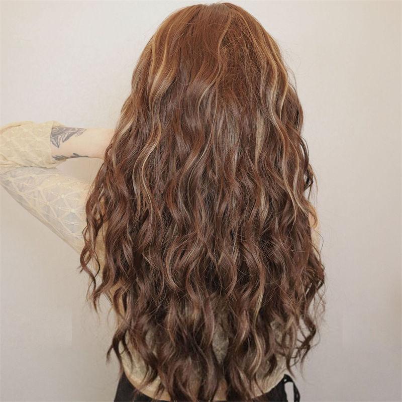 Pony Licht Perückenkopf Vintage Gefärbt Abdeckung Kleine Lockige Damenperücke Braun Wolle Idle Style