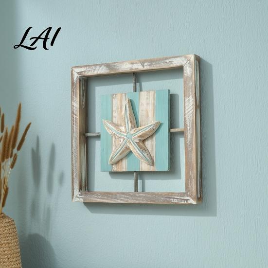 Nordic Style Hanging Decor 3D Conch/Starfish/Shell Wooden Frame Wall Art Distressed Coastal Decoration Small Beach House Ornaments Ocean Inspired