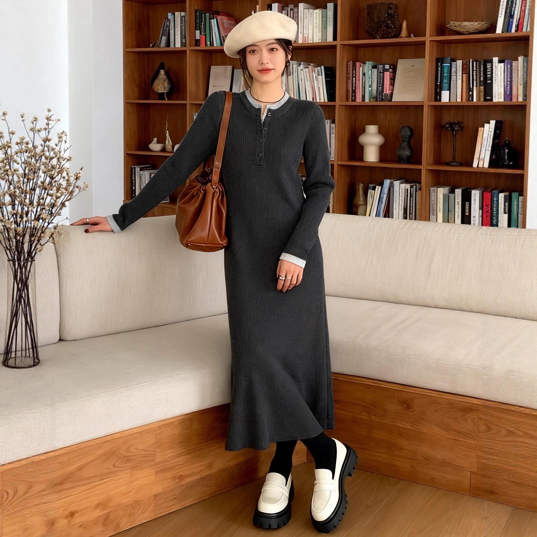

French Retro Knit Dress: Women s Slimming Autumn/Winter Sweater, Long & Flattering Base Layer Extra Large сірий колір