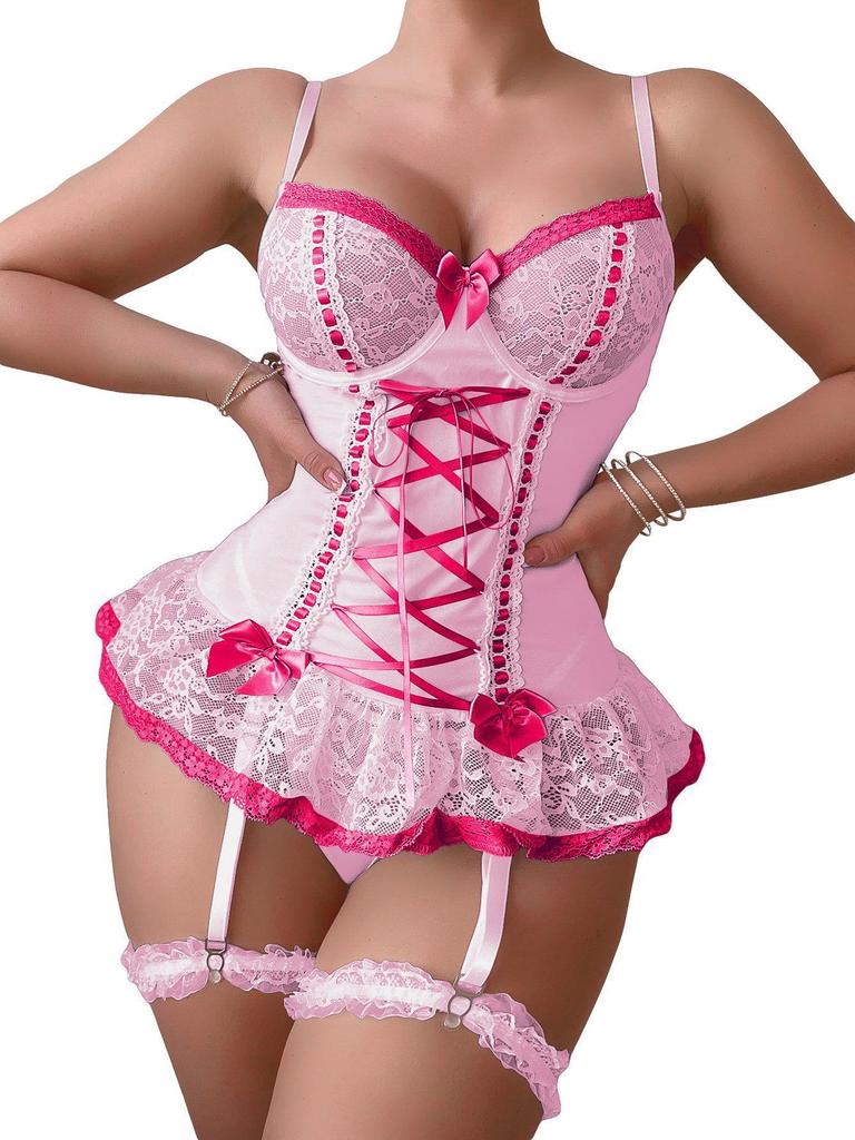 Foshan Lace Bow See-through Lingerie & Garter Skirt Set