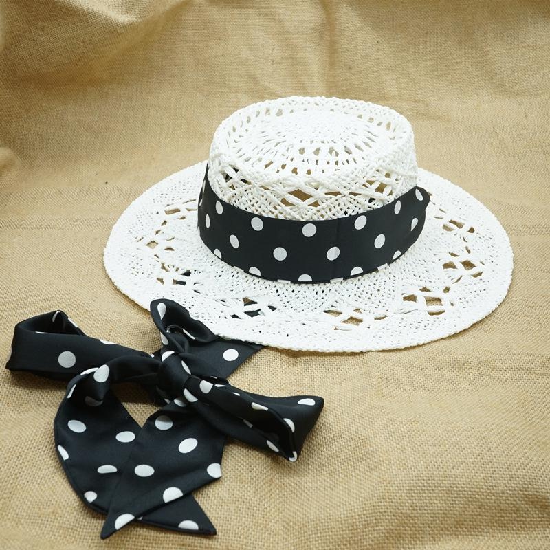Japan Japanese French Retro Hollow Flower White Flat Top Top Hat Women'S Summer Sunshade Vacation Beach Straw Hat Outing