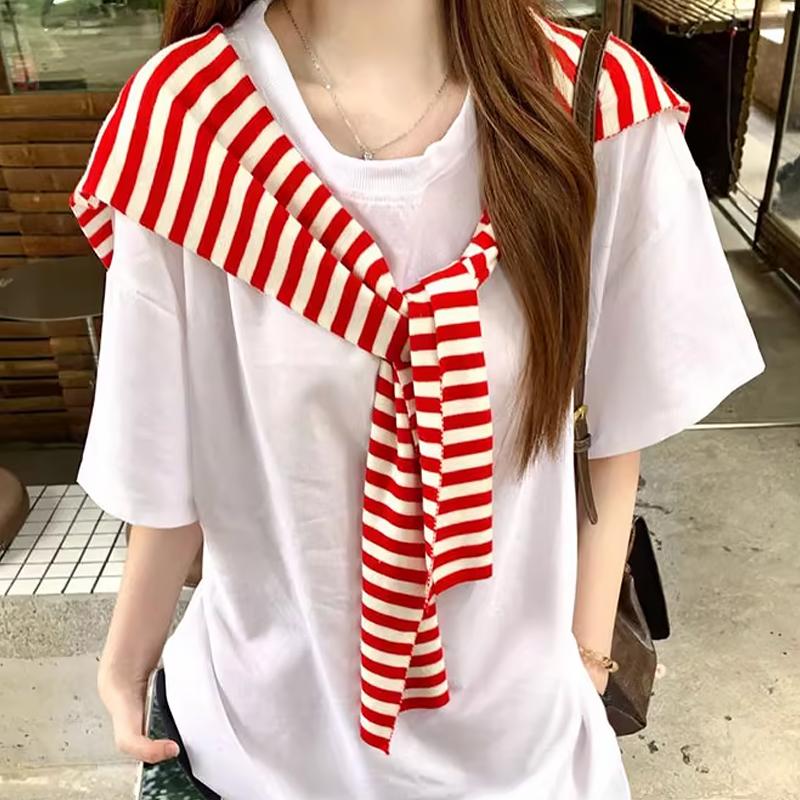 Red And White Striped Shawl Versatile High-End Women'S Outerwear Knitted Scarf