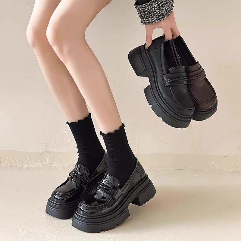 2025 new platform loafers women's popular shoes autumn and winter women's shoes British style small leather shoes women's black single shoes